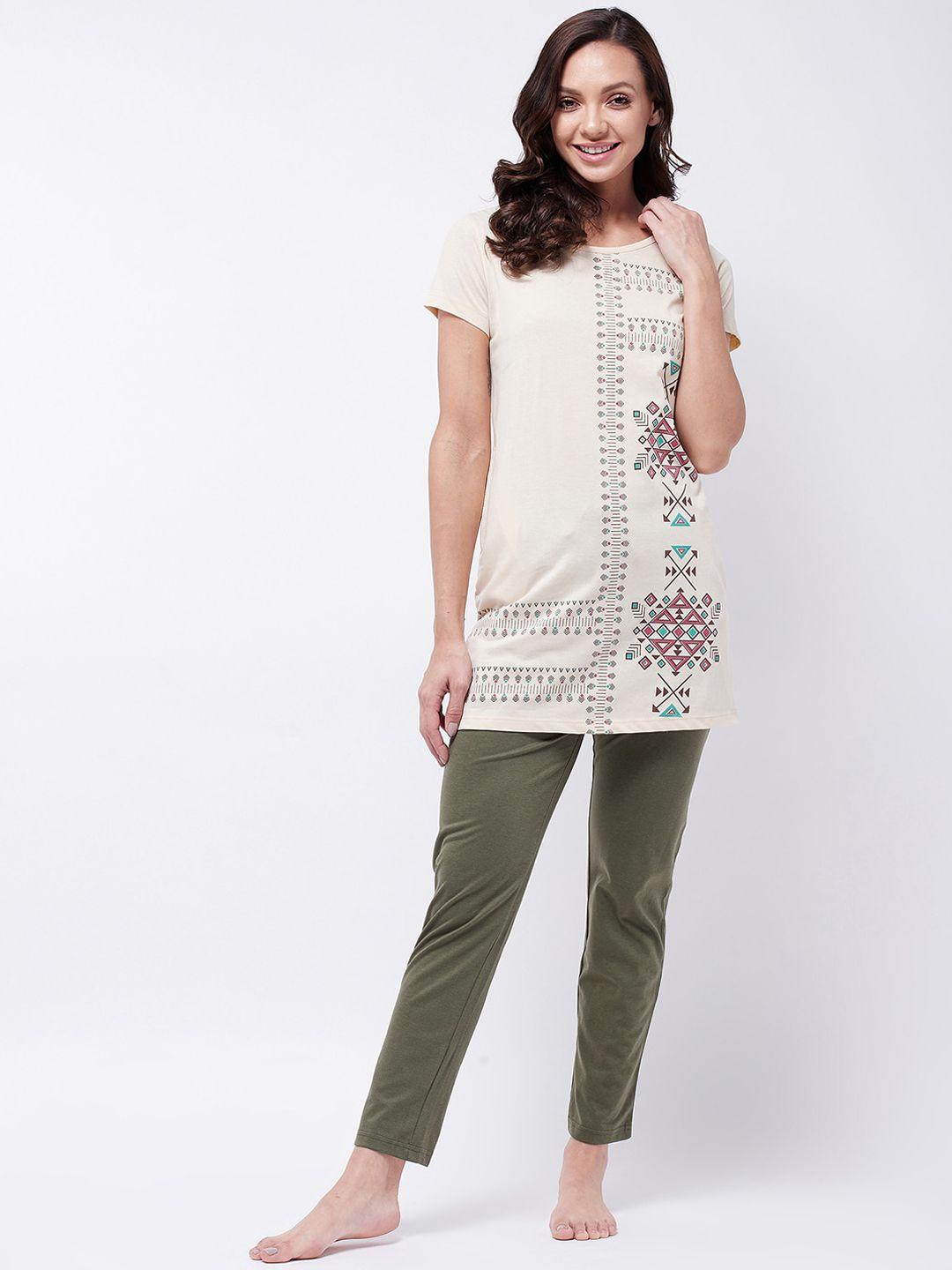 modeve women cream-coloured & green printed night suit