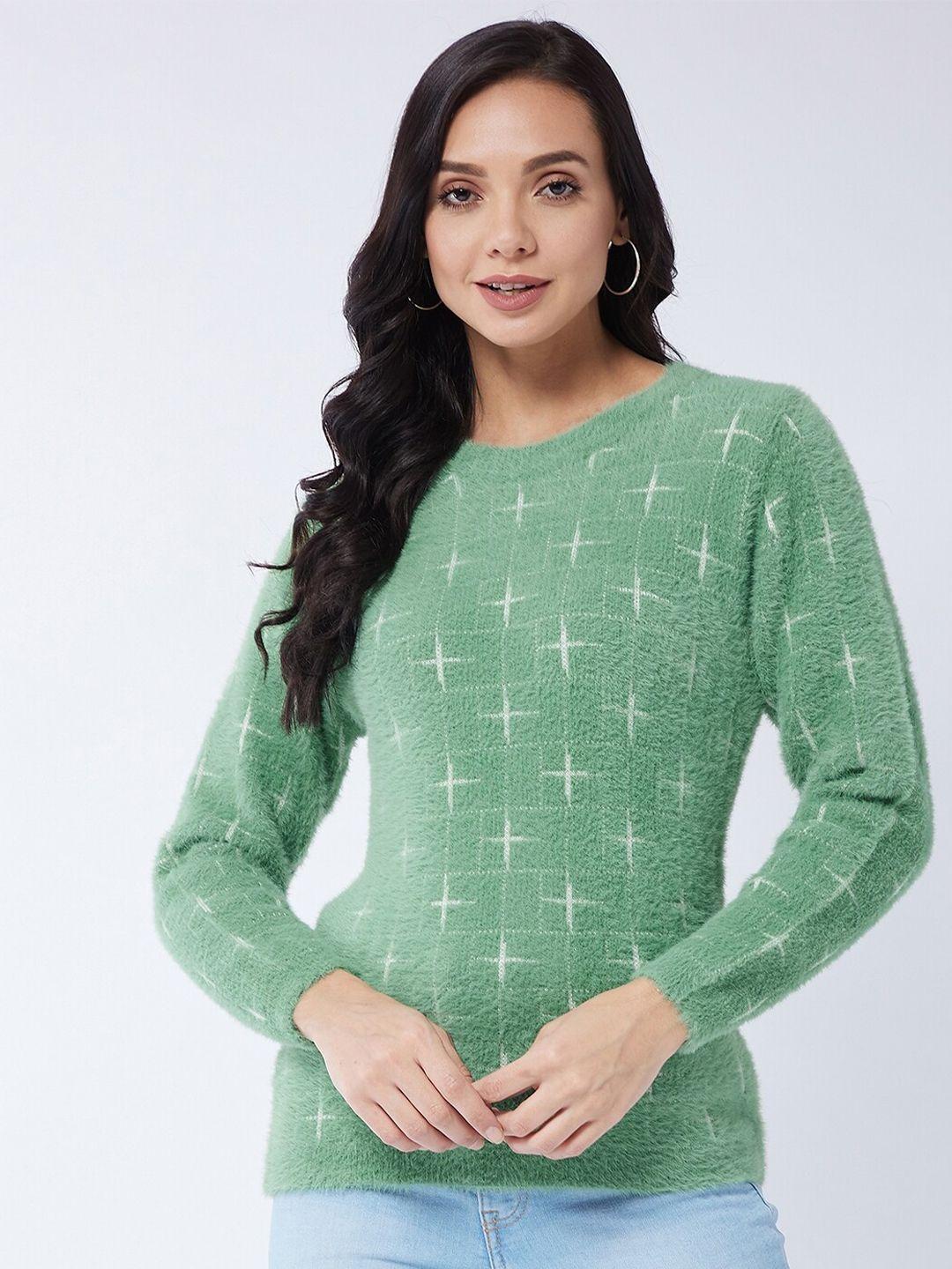 modeve women green & white self design acrylic pullover