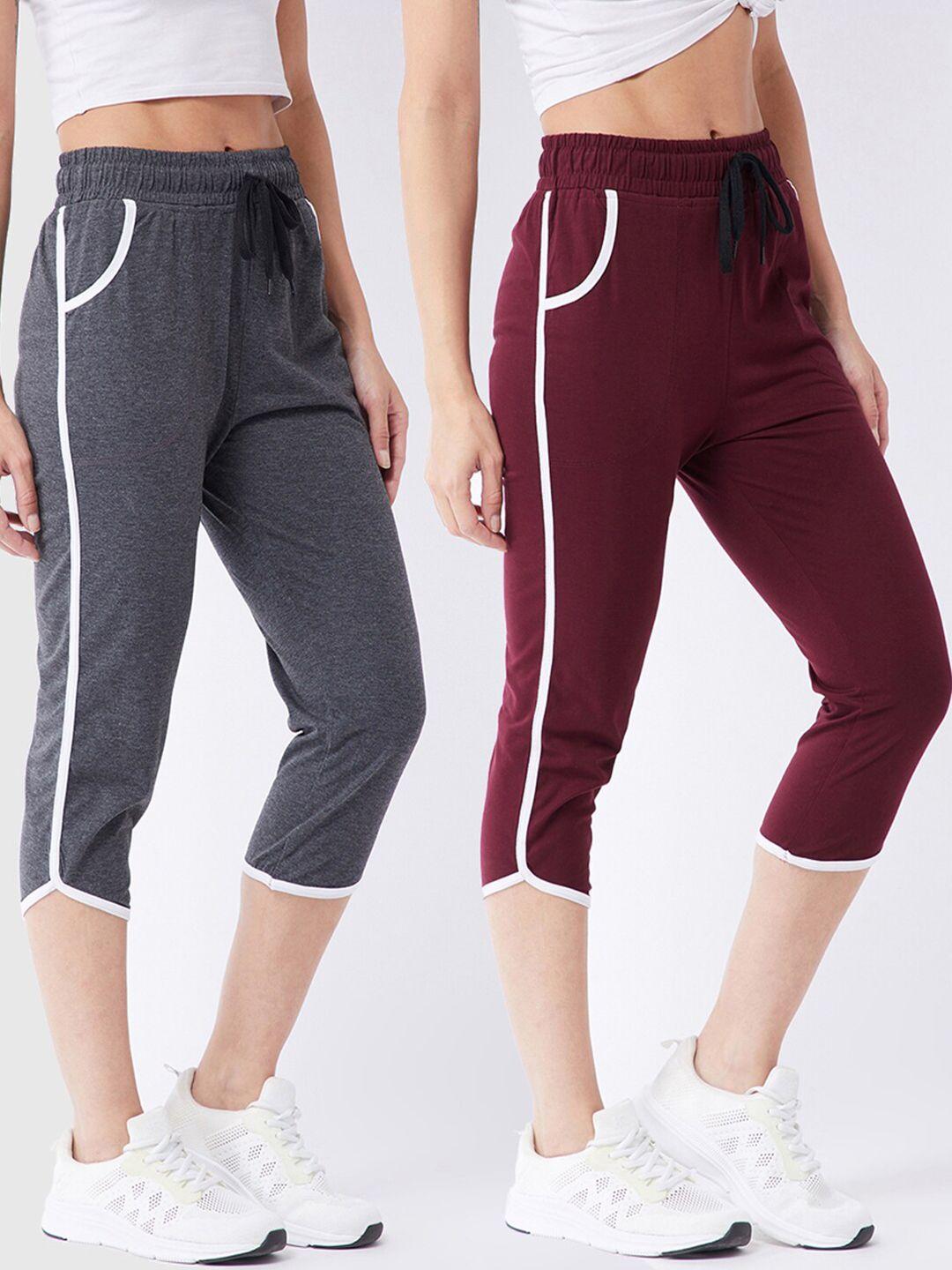 modeve women grey & maroon set of 2 solid cotton blend capris