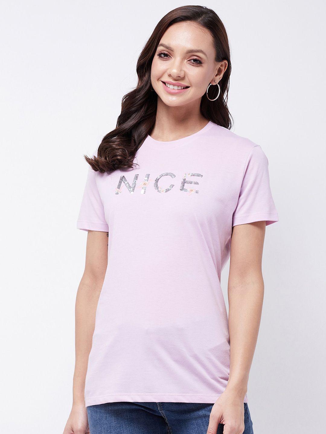 modeve women lavender typography printed t-shirt