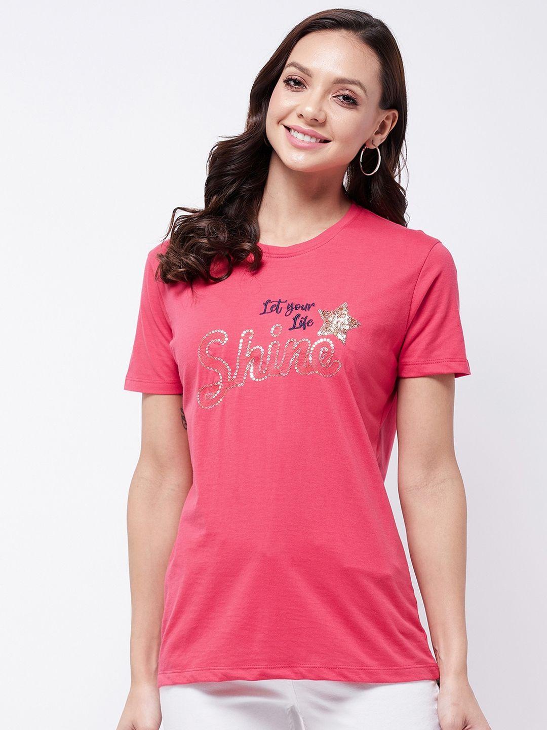 modeve women magenta typography printed cotton t-shirt