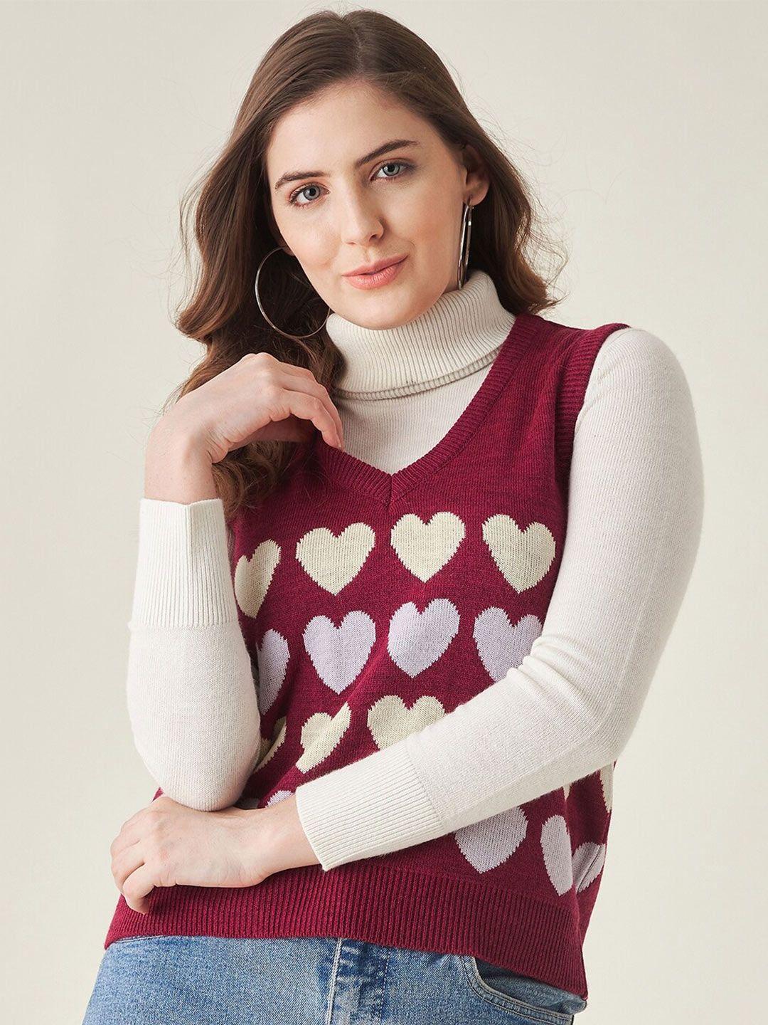 modeve women maroon & cream-coloured acrylic sweater vest