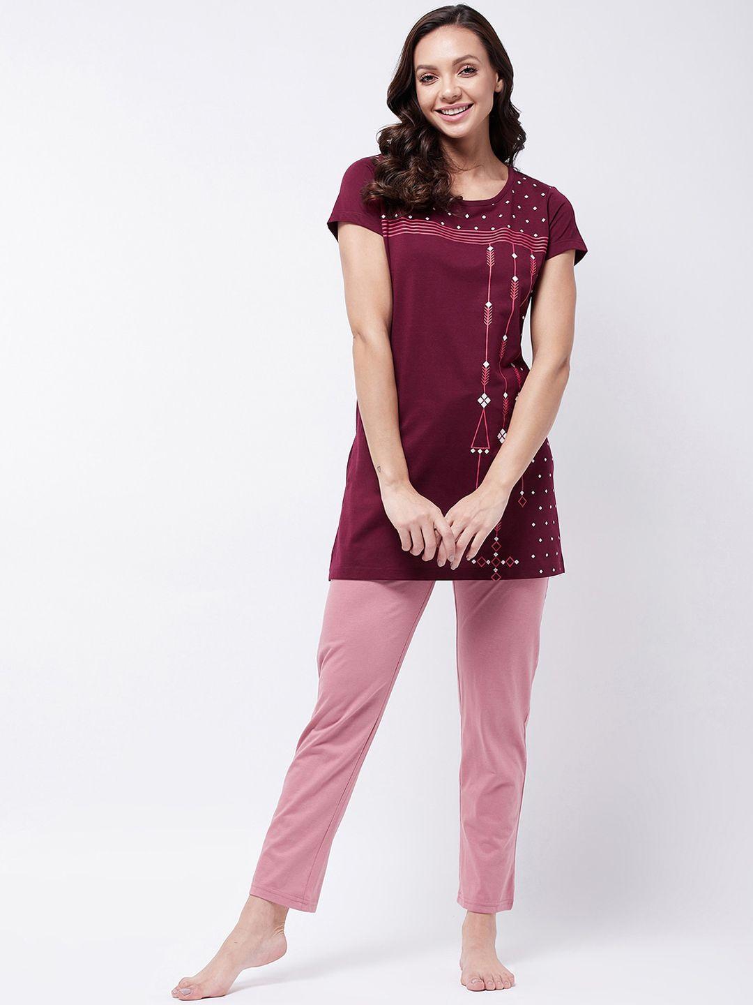 modeve women maroon & mauve printed cotton blend night suits