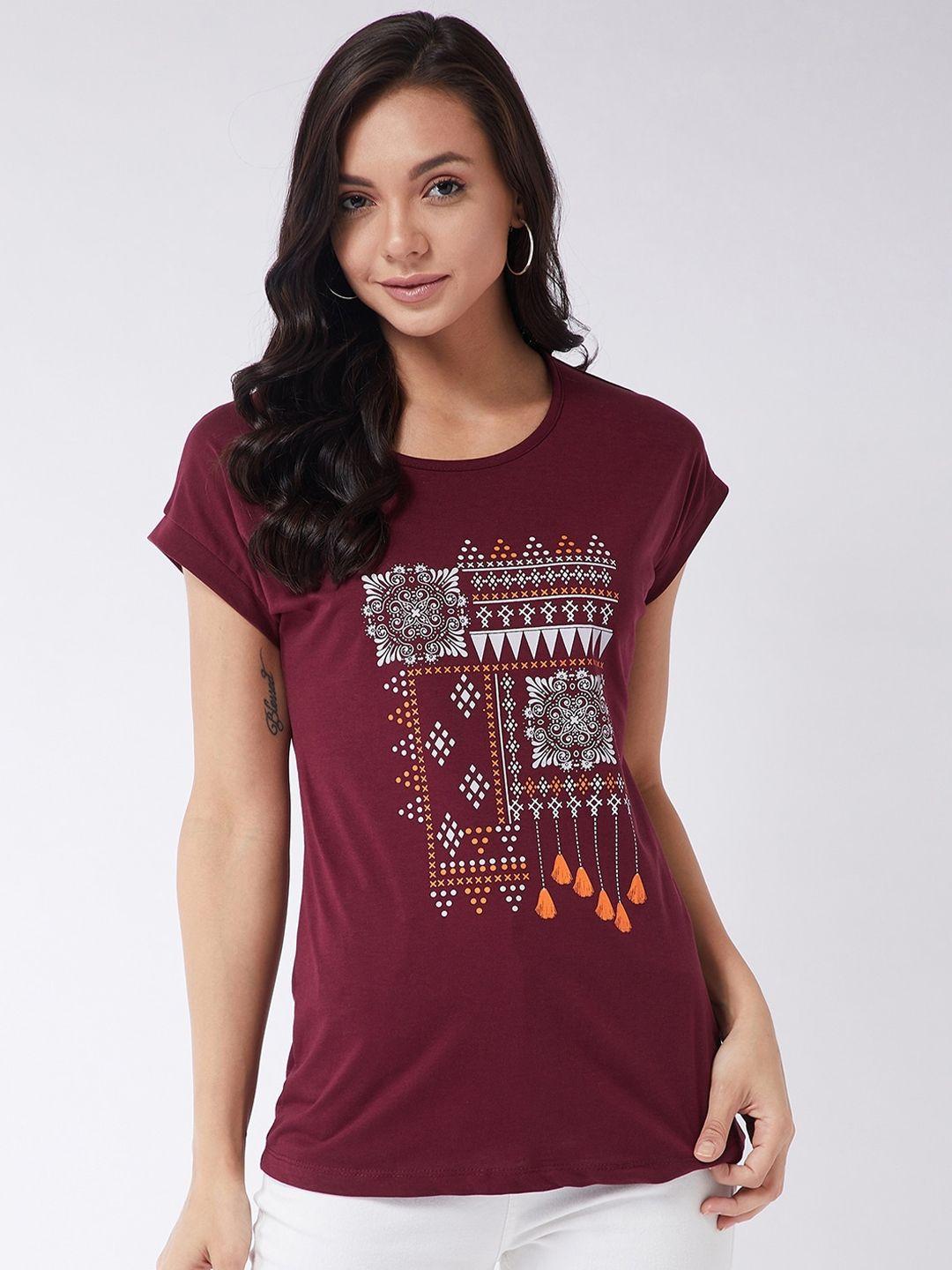 modeve women maroon & white printed round neck t-shirt