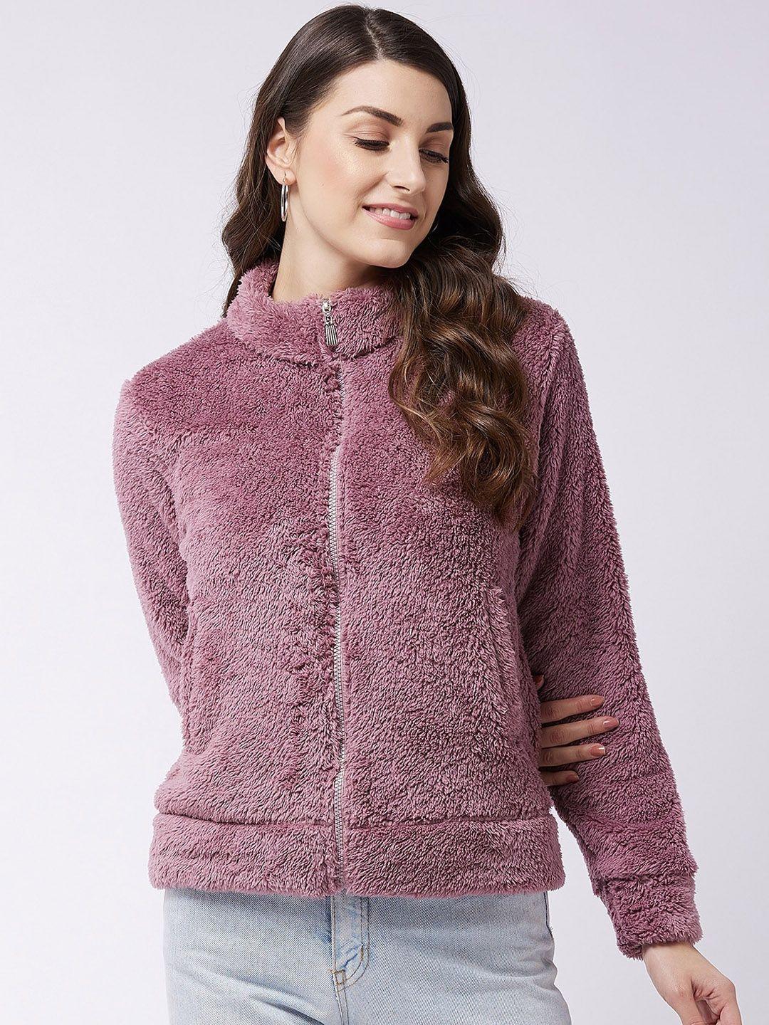 modeve women mauve solid fleece lightweight regular tailored jacket