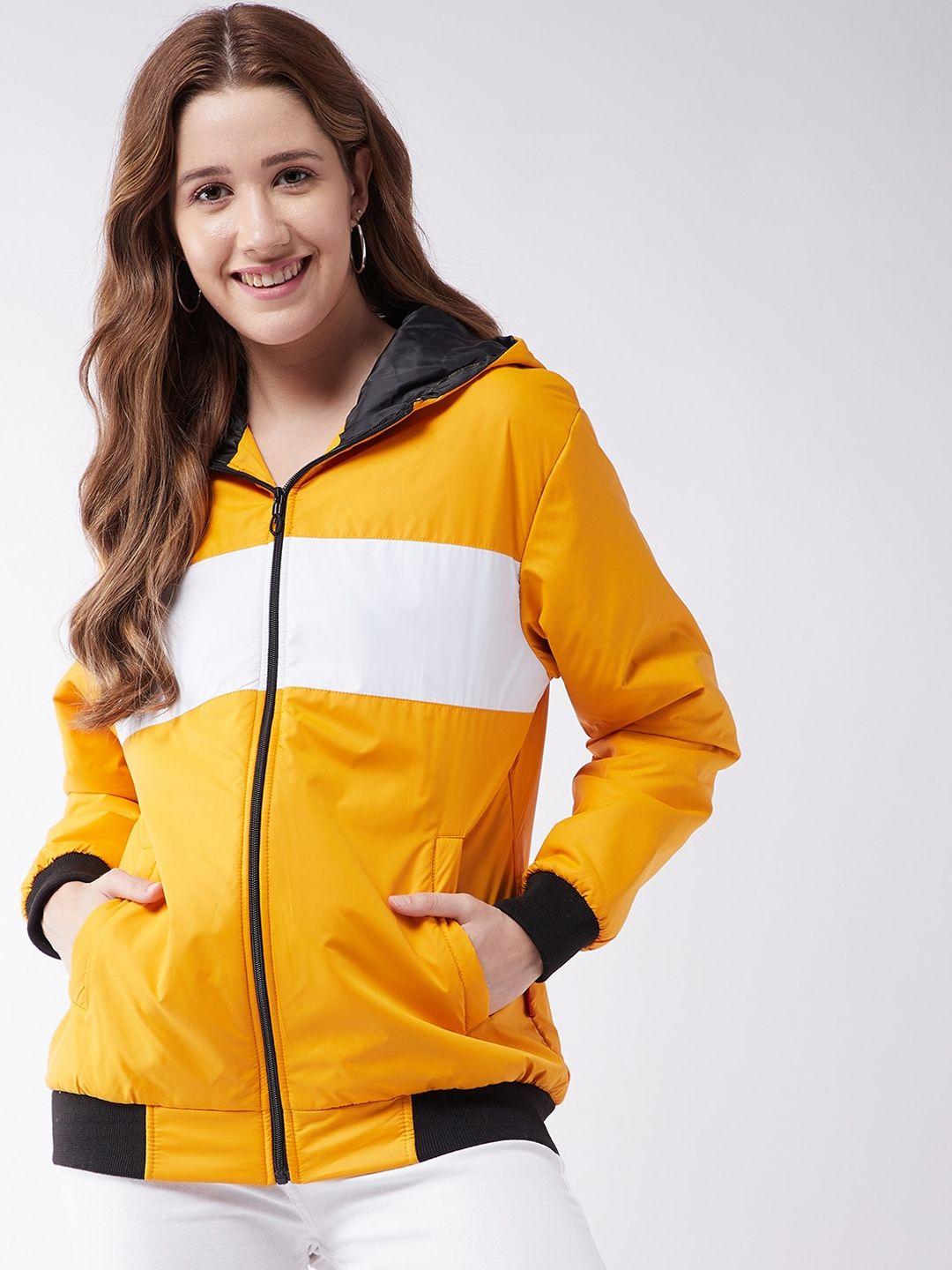 modeve women mustard white colourblocked lightweight bomber jacket