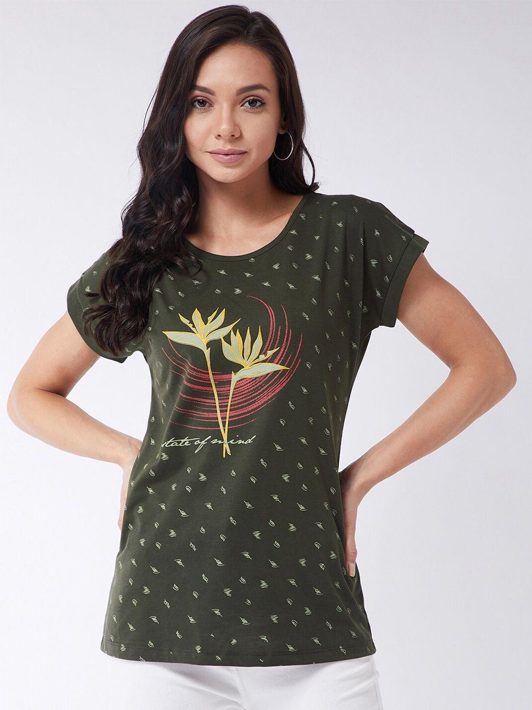 modeve women olive green printed t-shirt