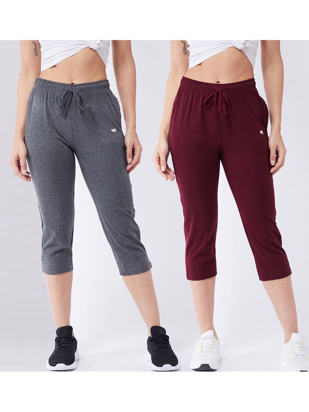 modeve women pack of 2 charcoal & burgundy solid cotton blend capris
