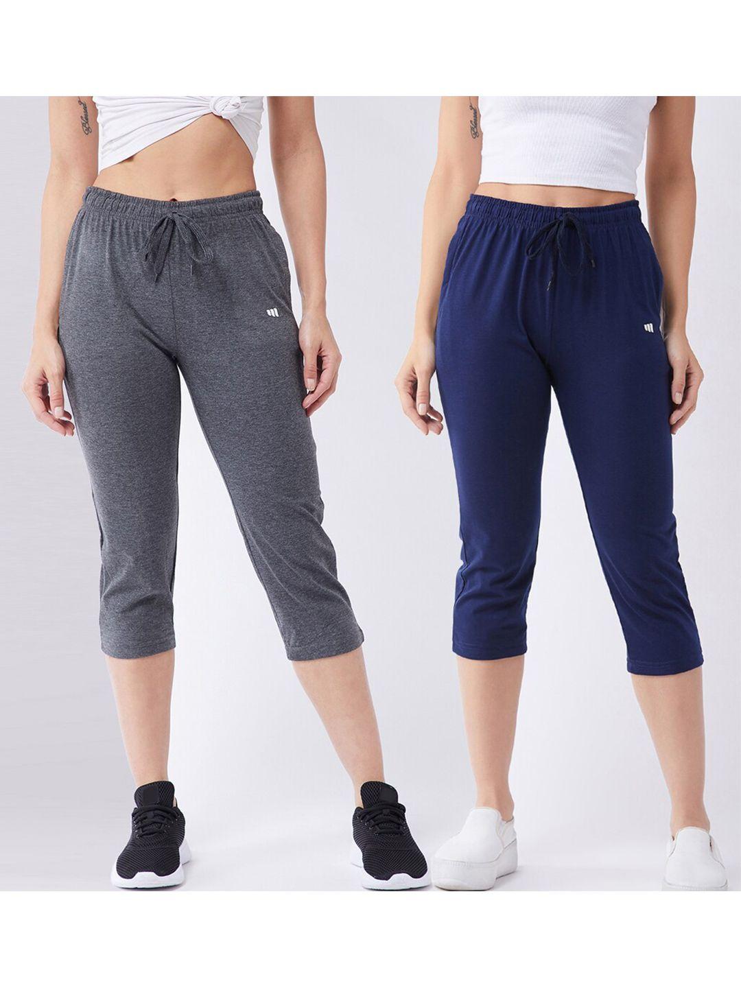 modeve women pack of 2 charcoal & navy blue regular fit capris