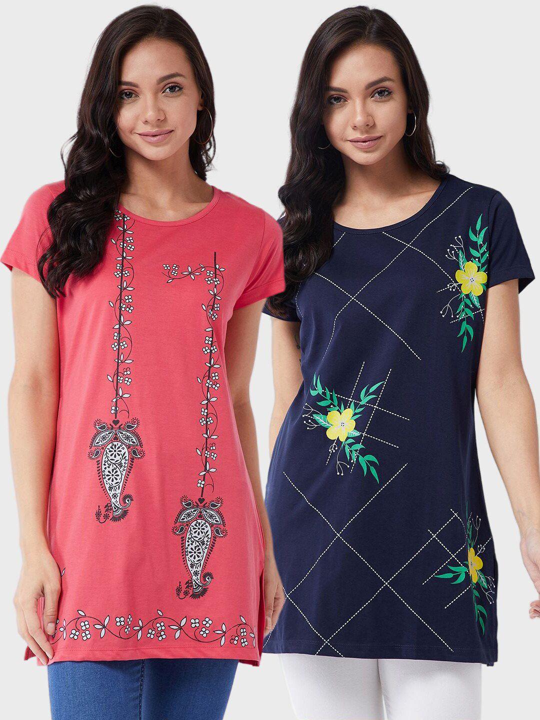 modeve women pack of 2 coral pink & navy blue printed t-shirts