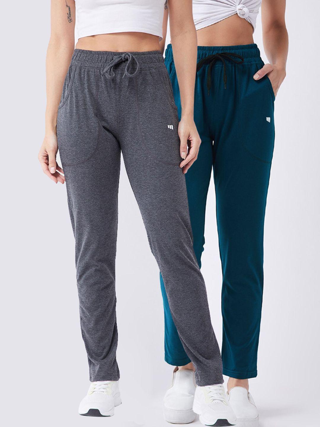 modeve women pack of 2 grey & teal solid track pants