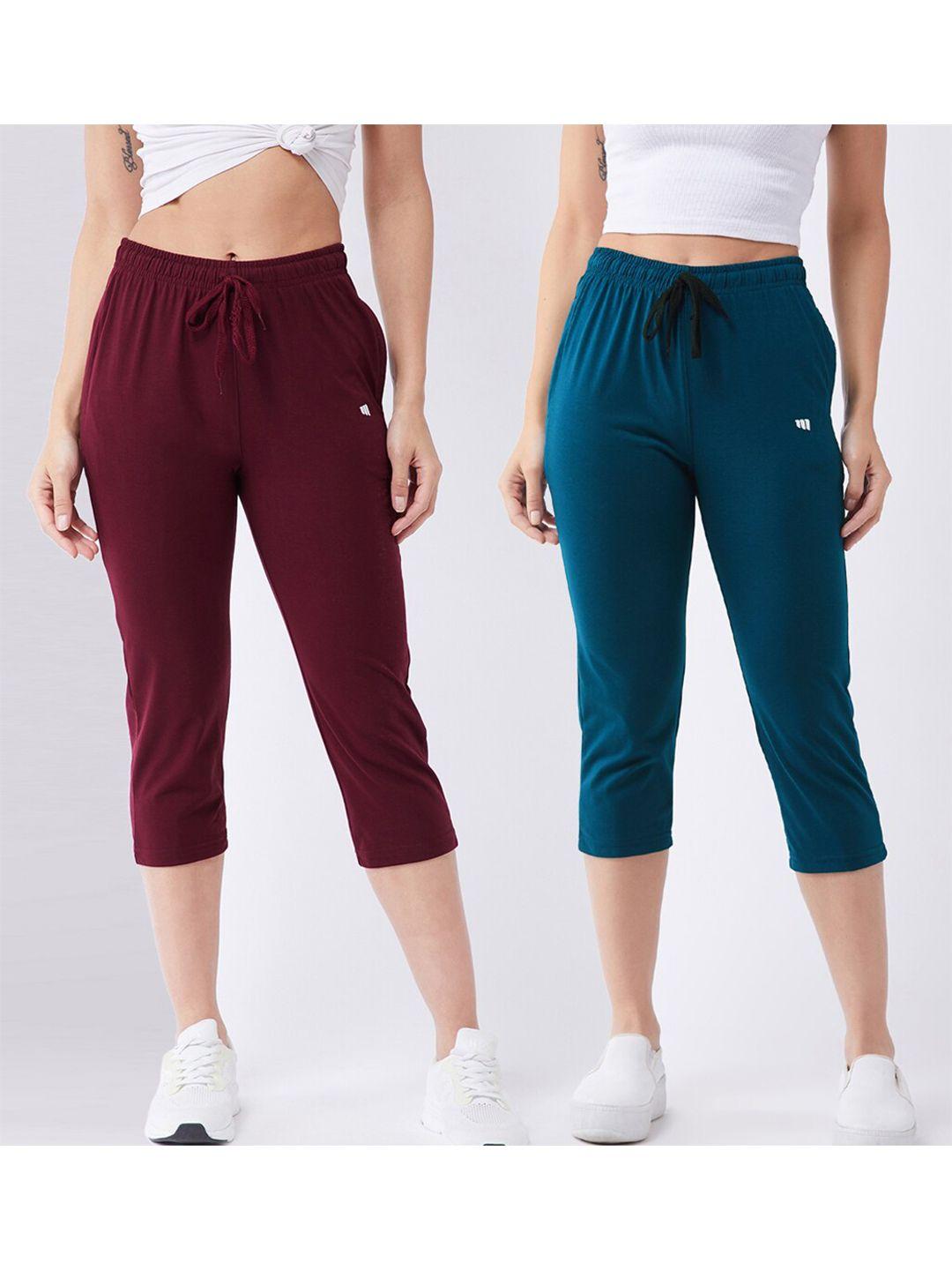 modeve women pack of 2 teal & burgundy capris