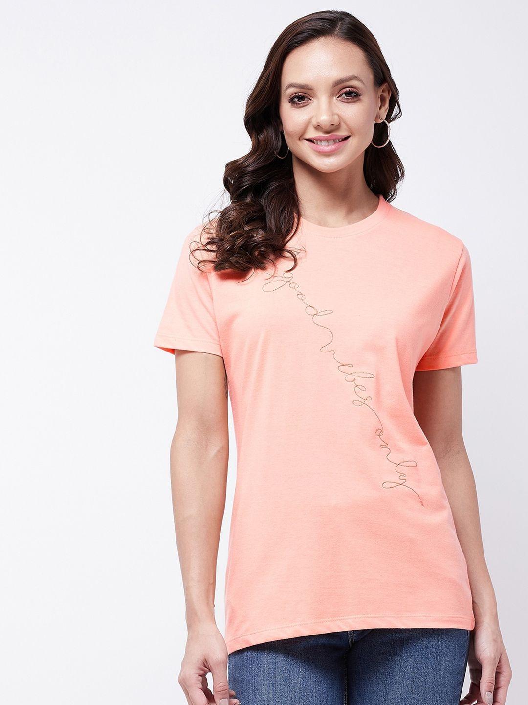 modeve women peach-coloured  self design round neck t-shirt