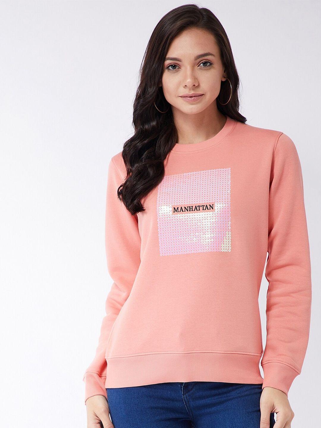 modeve women peach-coloured embellished round neck sweatshirt