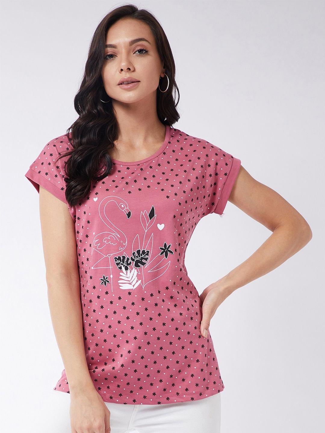 modeve women pink printed regular fit t-shirt