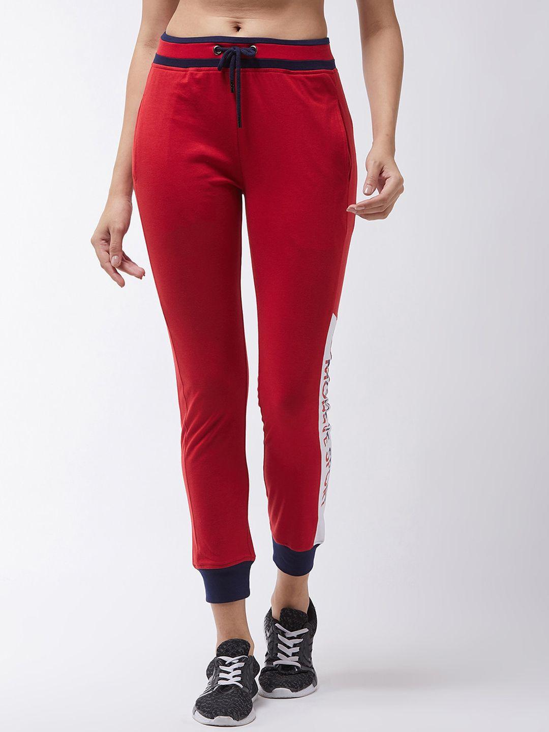 modeve women red & navy blue solid cotton joggers