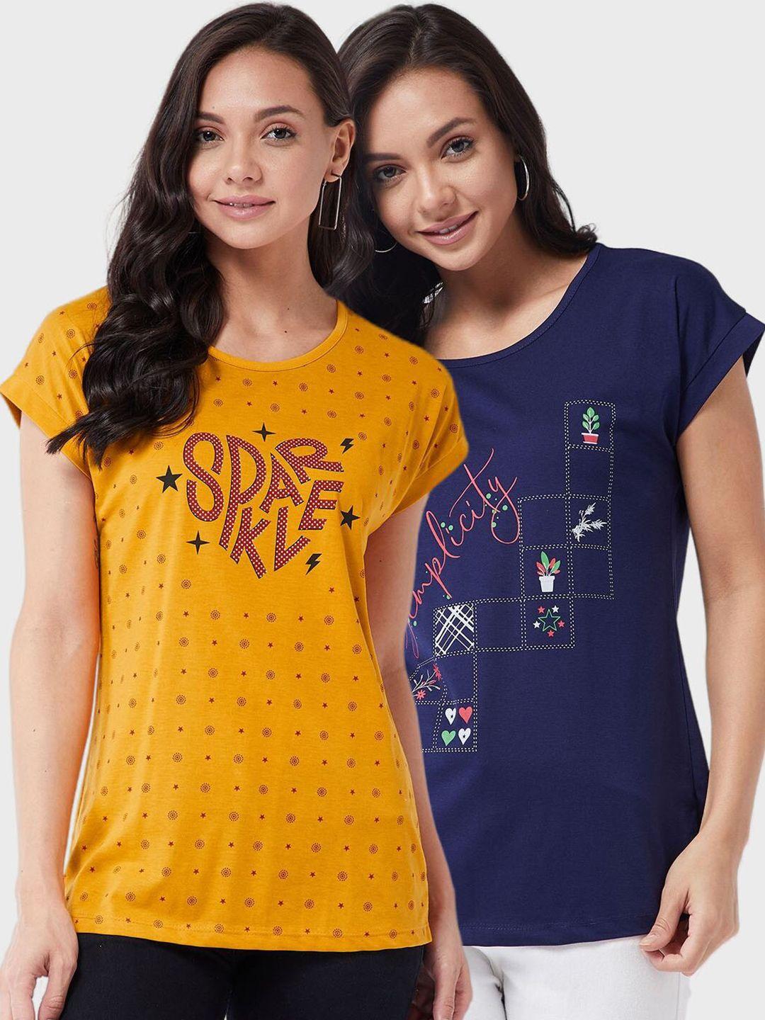 modeve women yellow & blue typography 2 printed cotton t-shirts