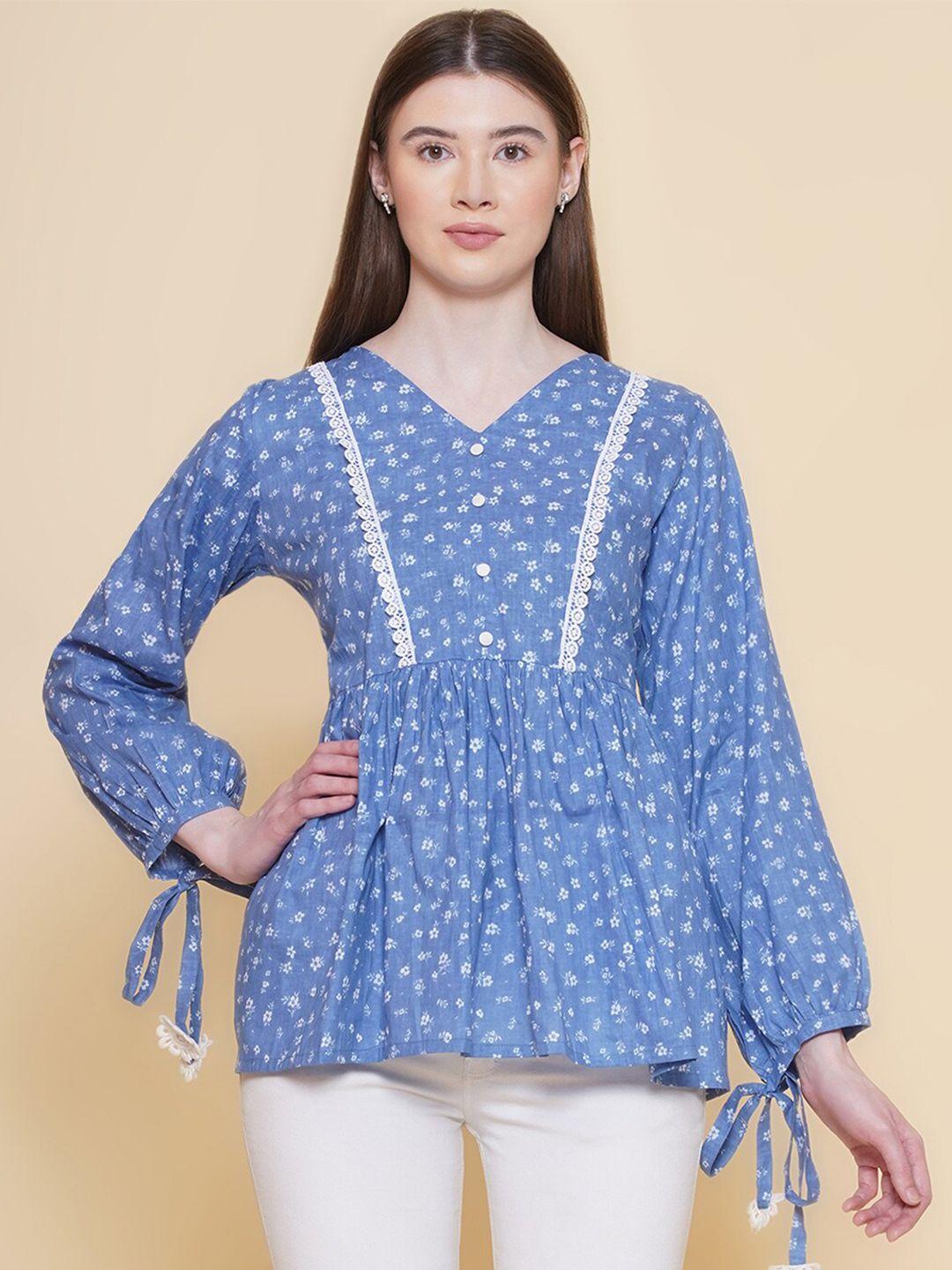 modish couture blue floral print cotton top