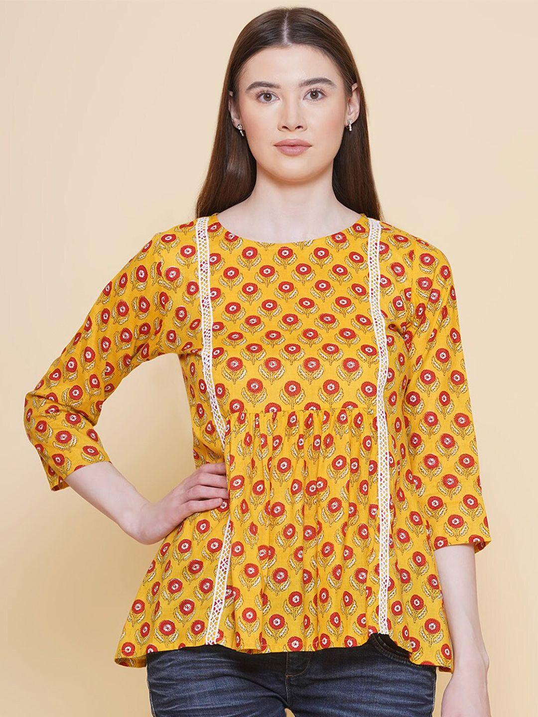 modish couture yellow floral print cotton top