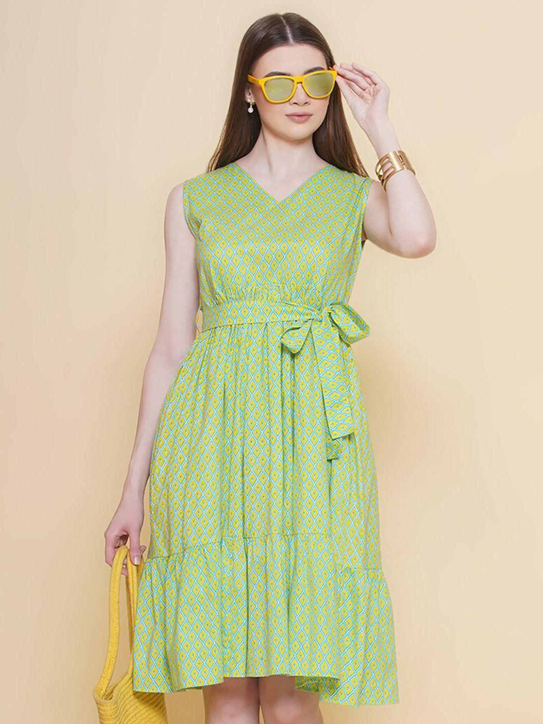 modish couture green ethnic motifs print sleeveless dress