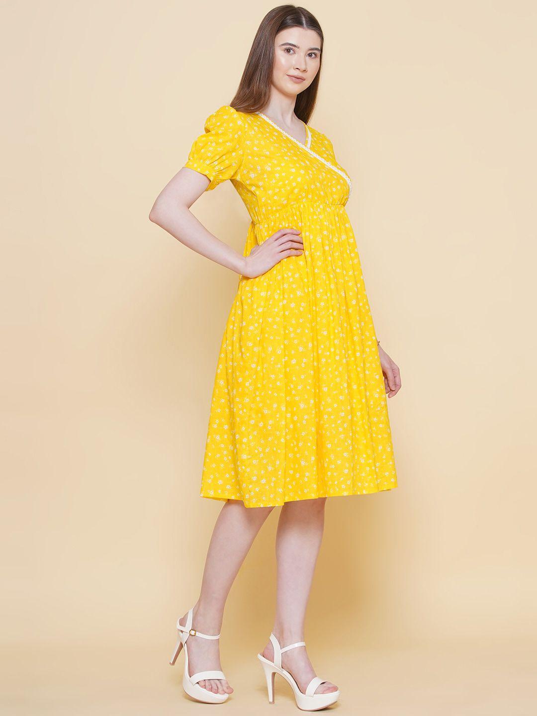 modish couture yellow floral print puff sleeve three-quarter dress