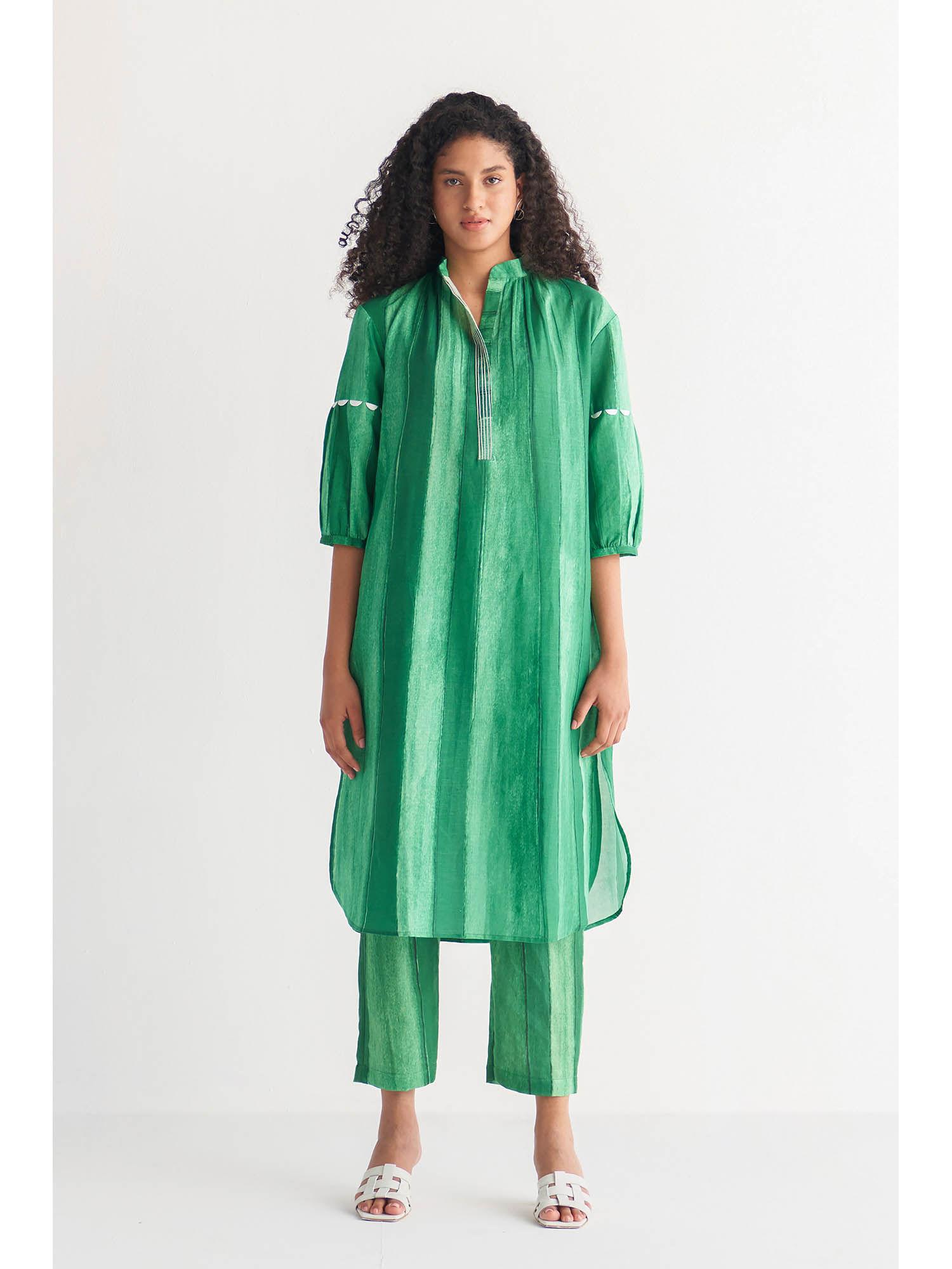 modish green striped kurta with pants (set of 2)