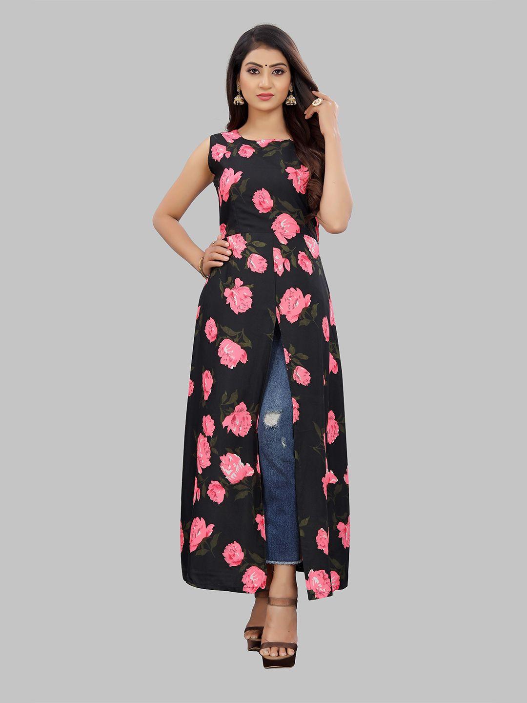 modli 20 fashion peach-coloured & black floral print maxi dress