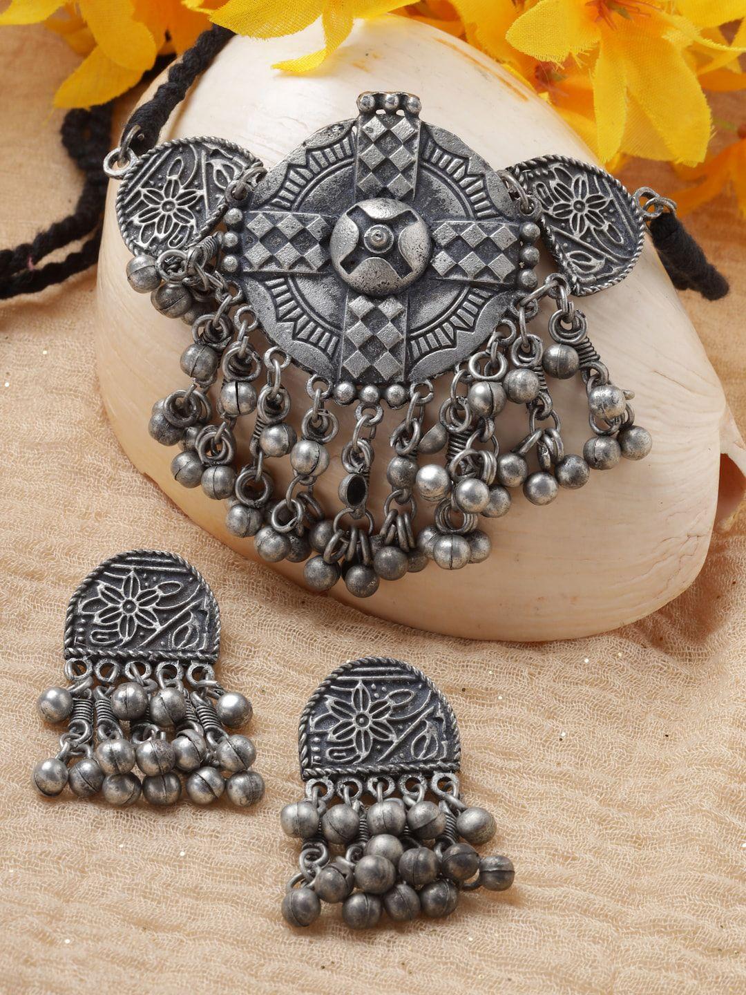 moedbuille oxidised silver-plated tribal choker necklace and earrings set