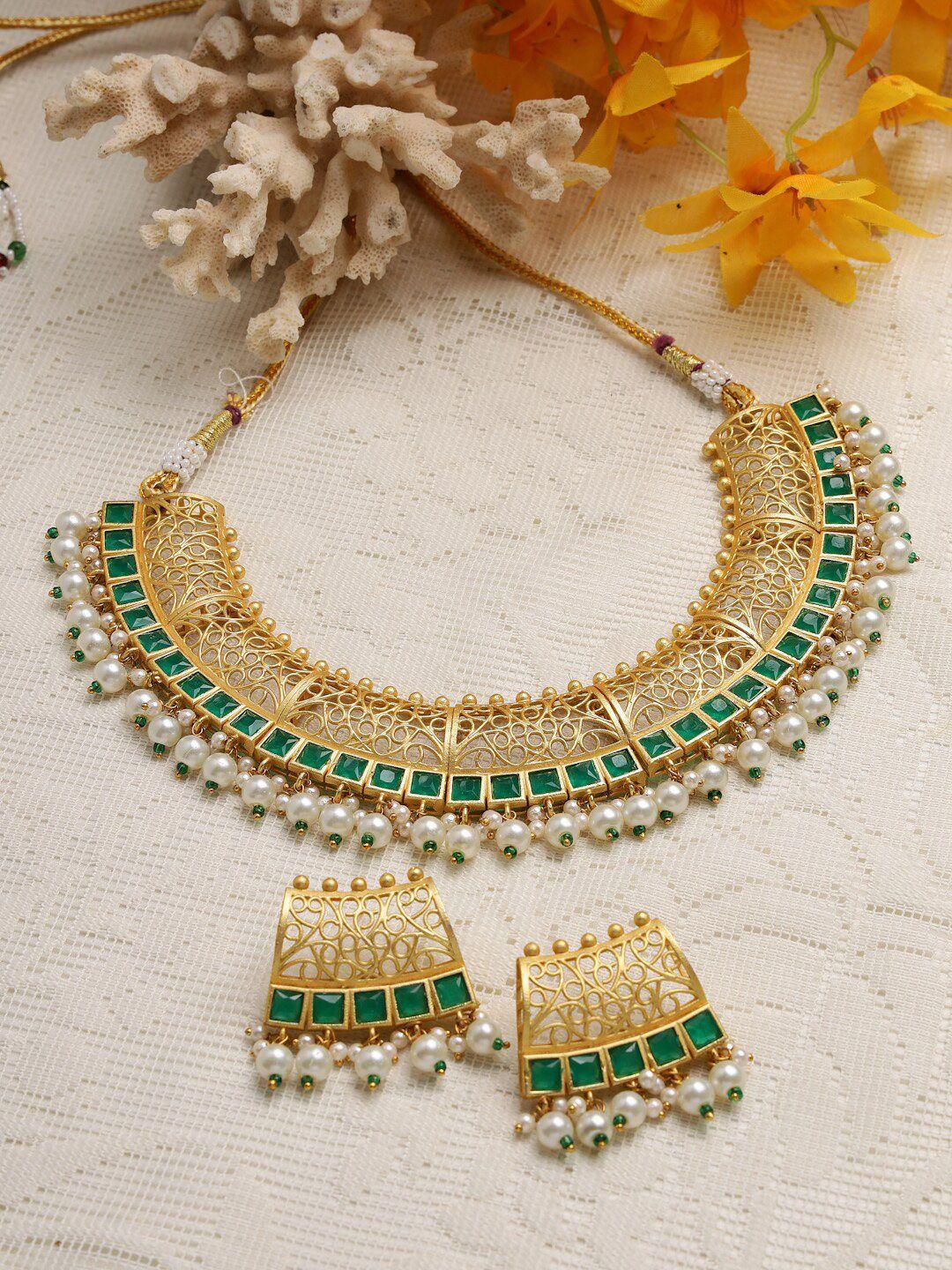 moedbuille gold-plated green stone-studded & pearl beaded necklace set