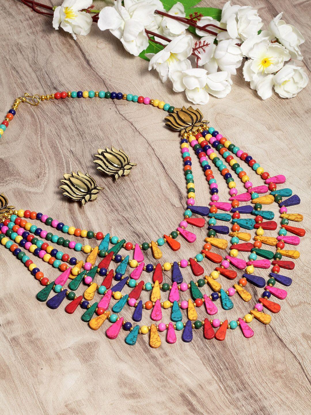 moedbuille multicoloured gold-plated beaded handcrafted layered afghan jewellery set