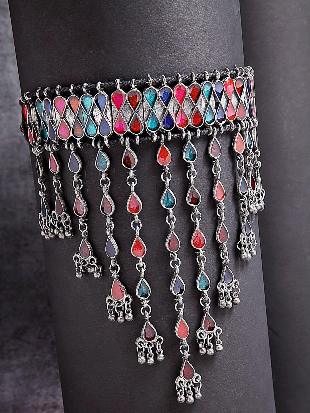 moedbuille oxidised silver-plated pink & blue meenakari brass afghan necklace