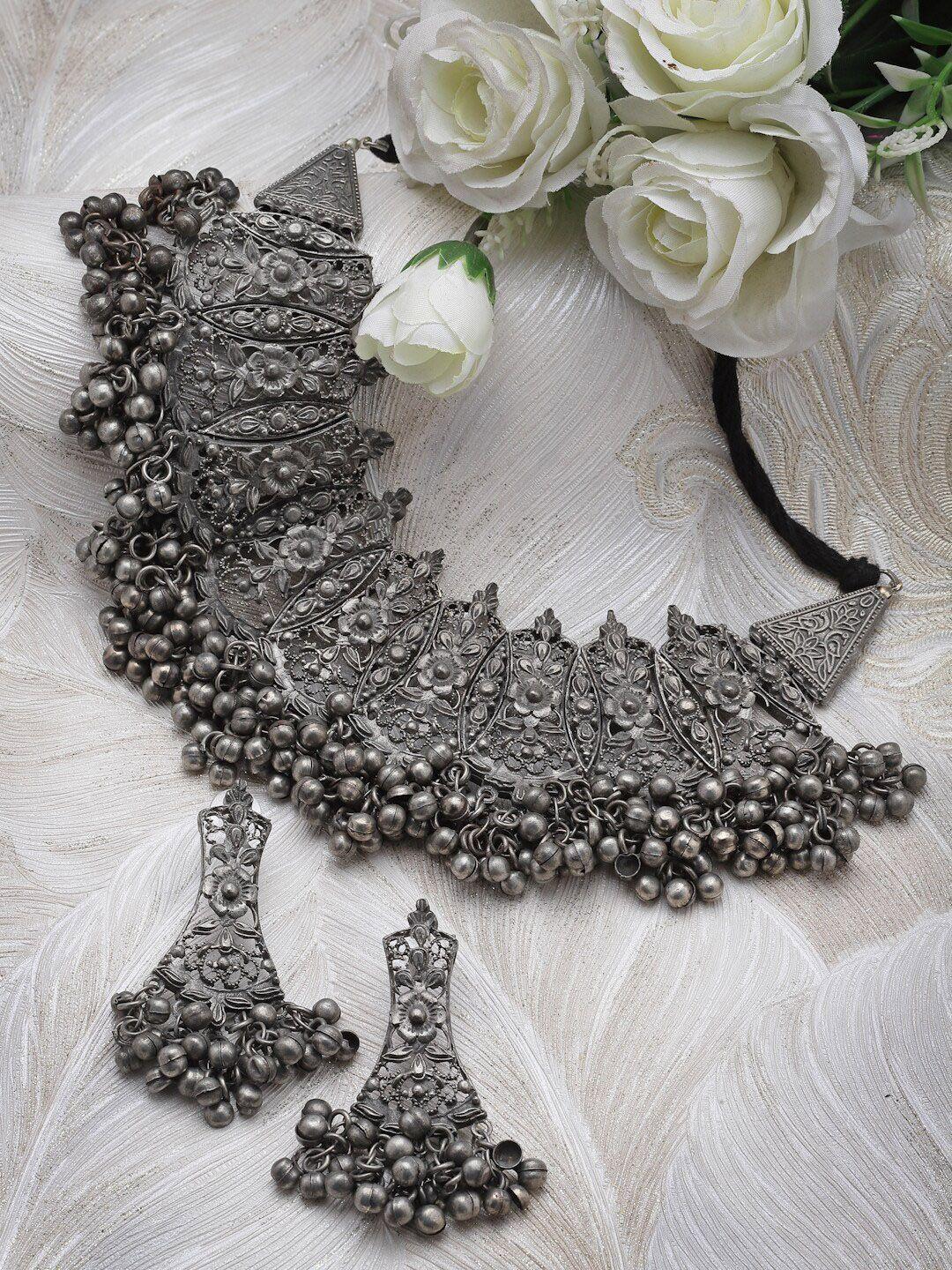 moedbuille silver-plated antique ghungru-studded oxidised jewellery set