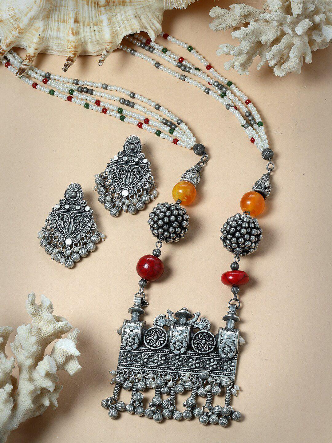 moedbuille silver-plated beaded moedbuille tribal designed layered necklace & earrings