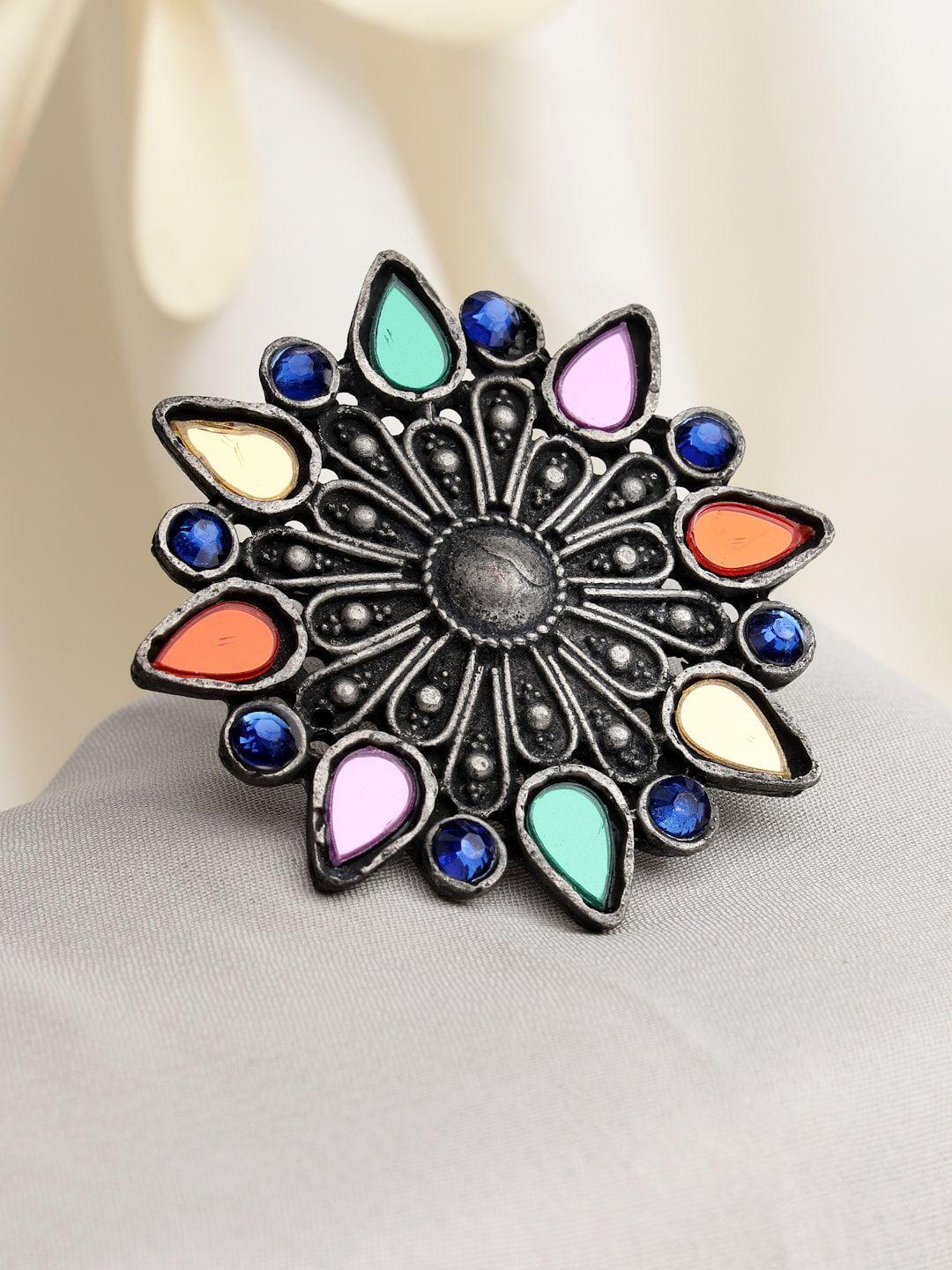 moedbuille silver-plated crystals & mirror studded afghan design finger ring