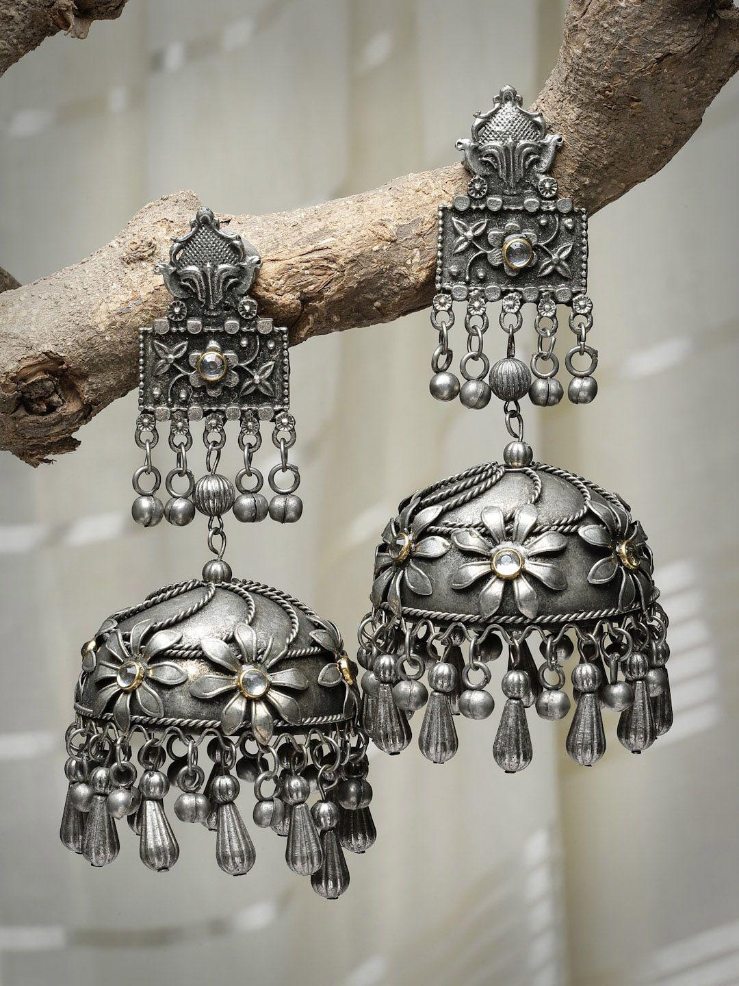 moedbuille silver-plated crystals-studded dome shaped jhumkas