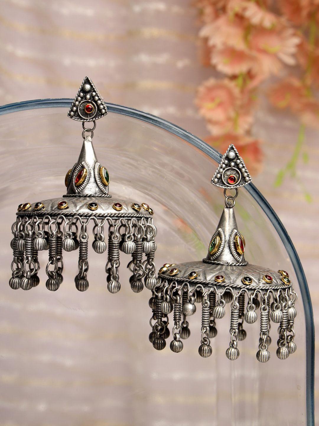 moedbuille silver-plated dome shaped oxidised jhumkas earrings