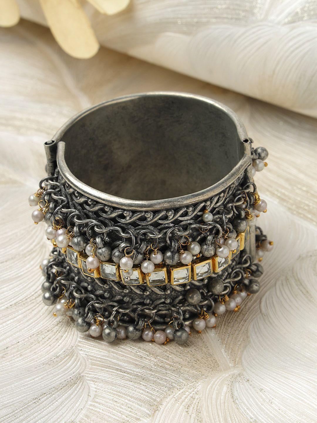 moedbuille silver-plated kundan tribal oxidised antique cuff bracelet