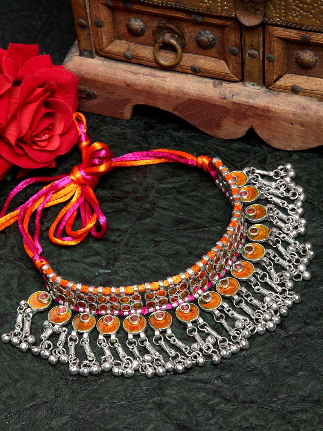 moedbuille silver-toned & red brass silver-plated meenakari necklace