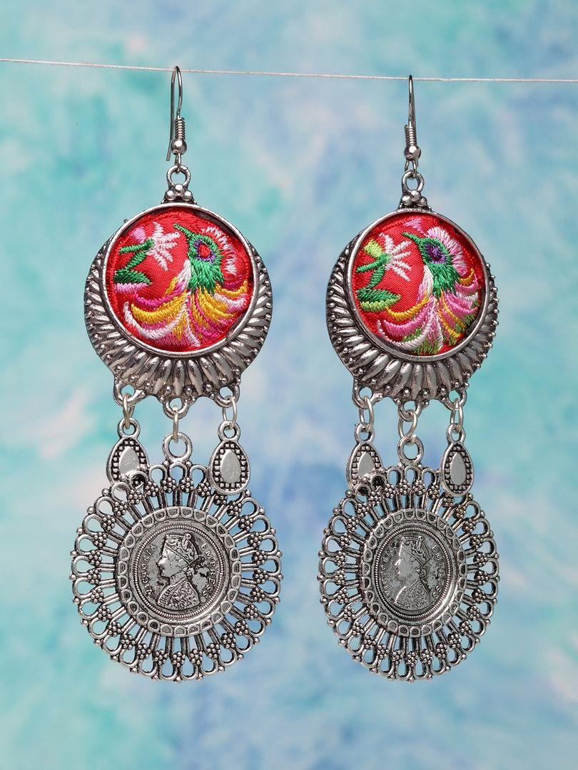 moedbuille silver-toned & red circular drop earrings
