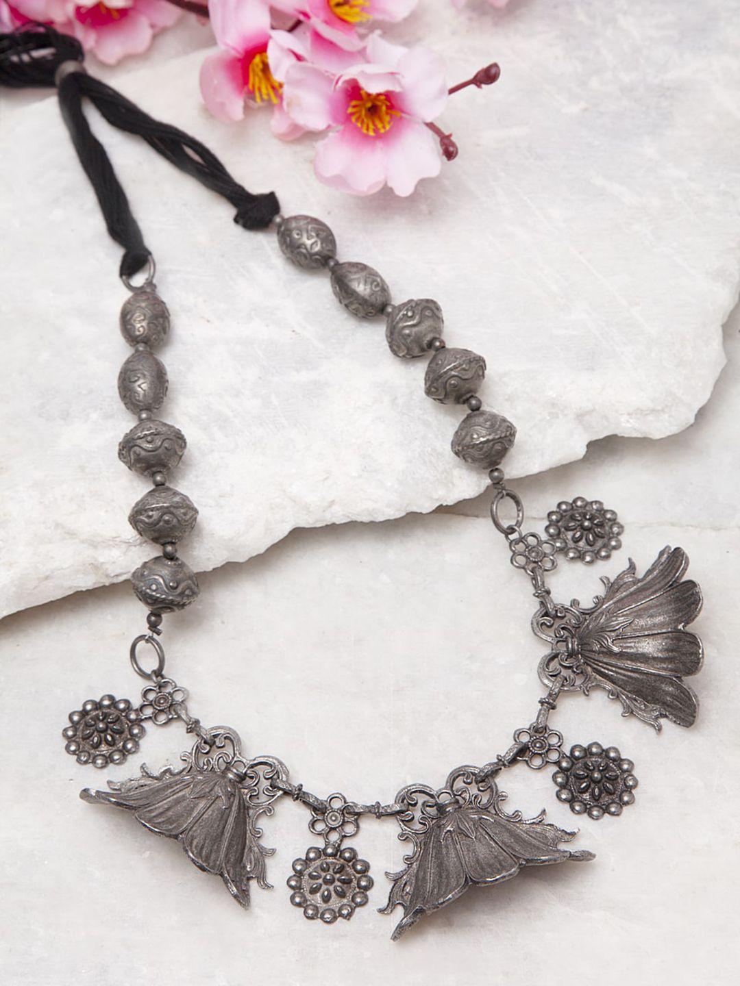 moedbuille silver-toned floral tasselled design filigree tribal temple oxidised necklace
