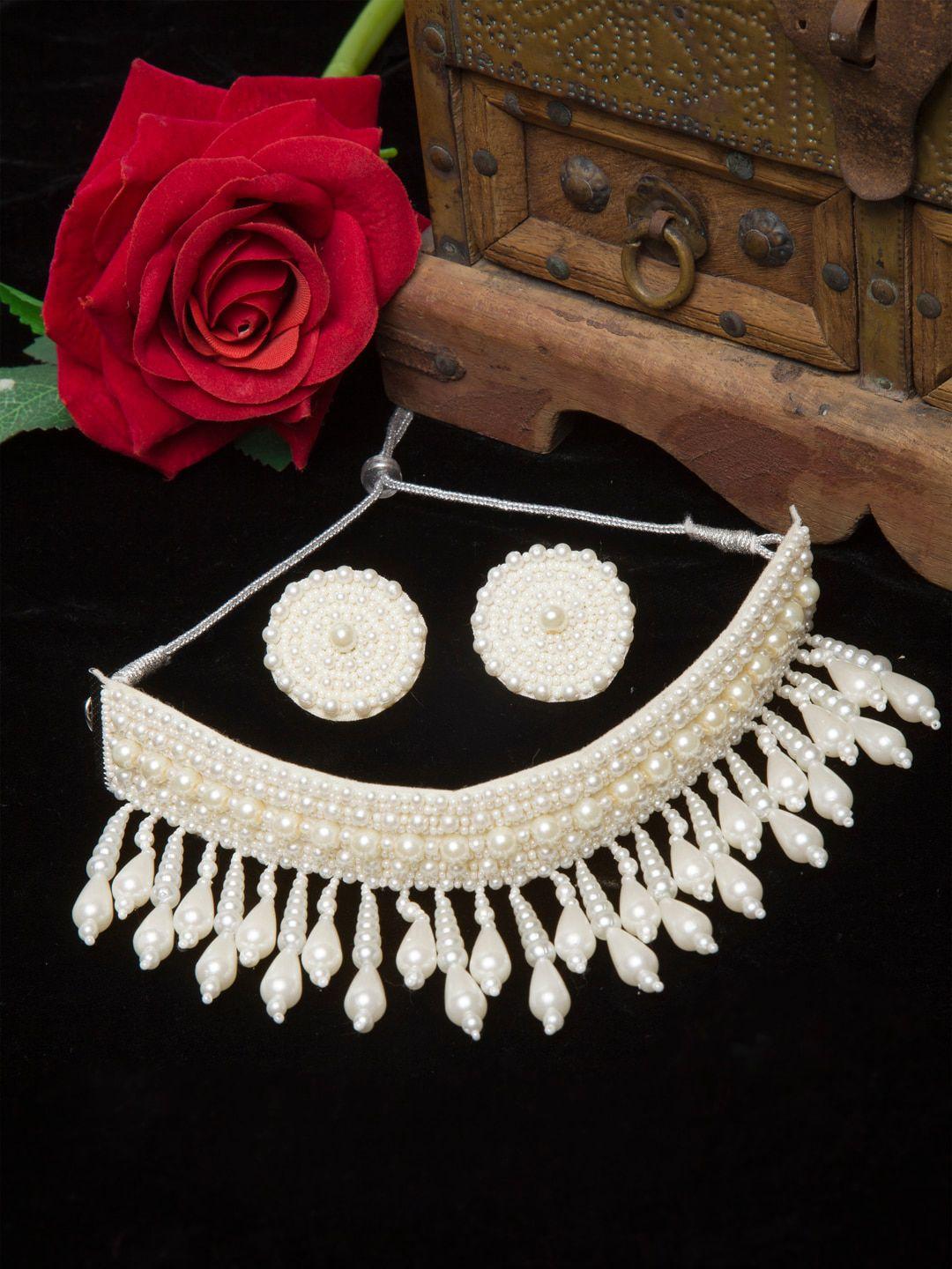 moedbuille sliver-plated off white pearl beaded handcrafted jewellery set