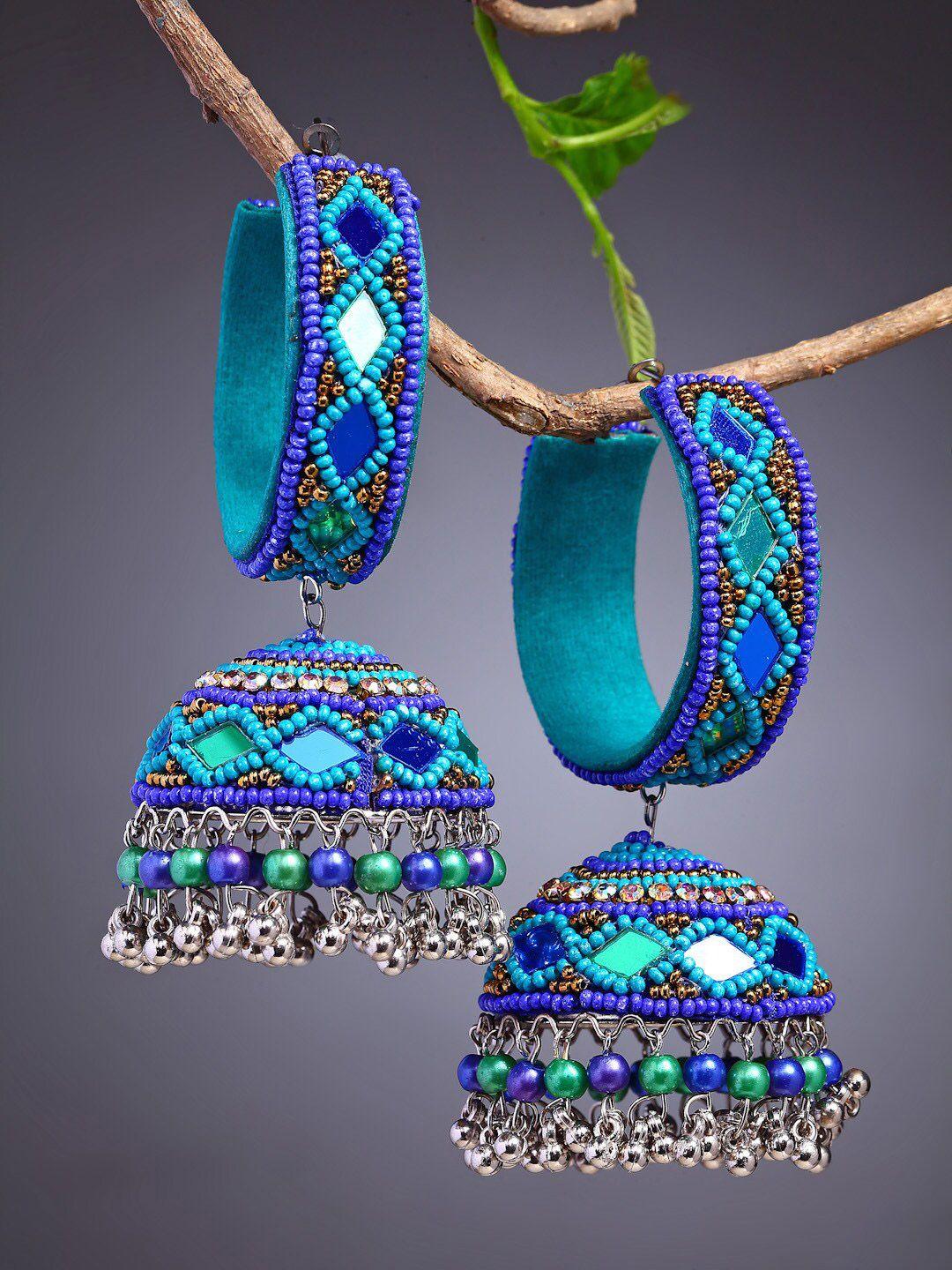 moedbuille turquoise blue beads & mirror afghan contemporary jhumkas earrings