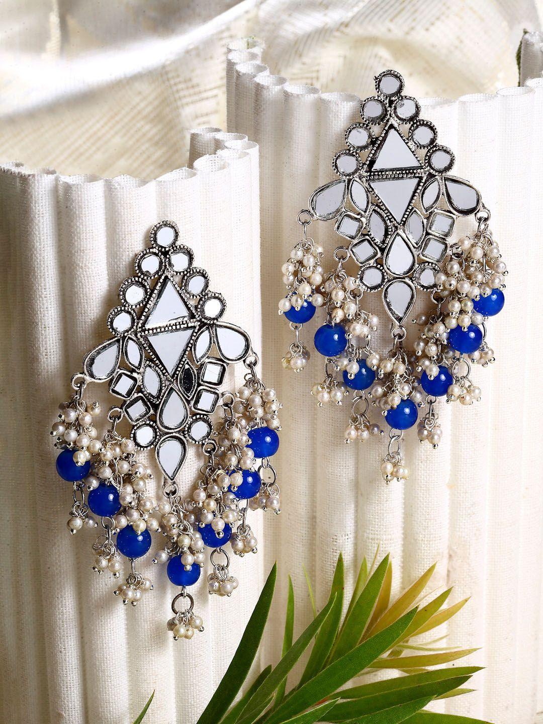moedbuille women blue mirrors studded afghan tasselled design oxidized drop earrings