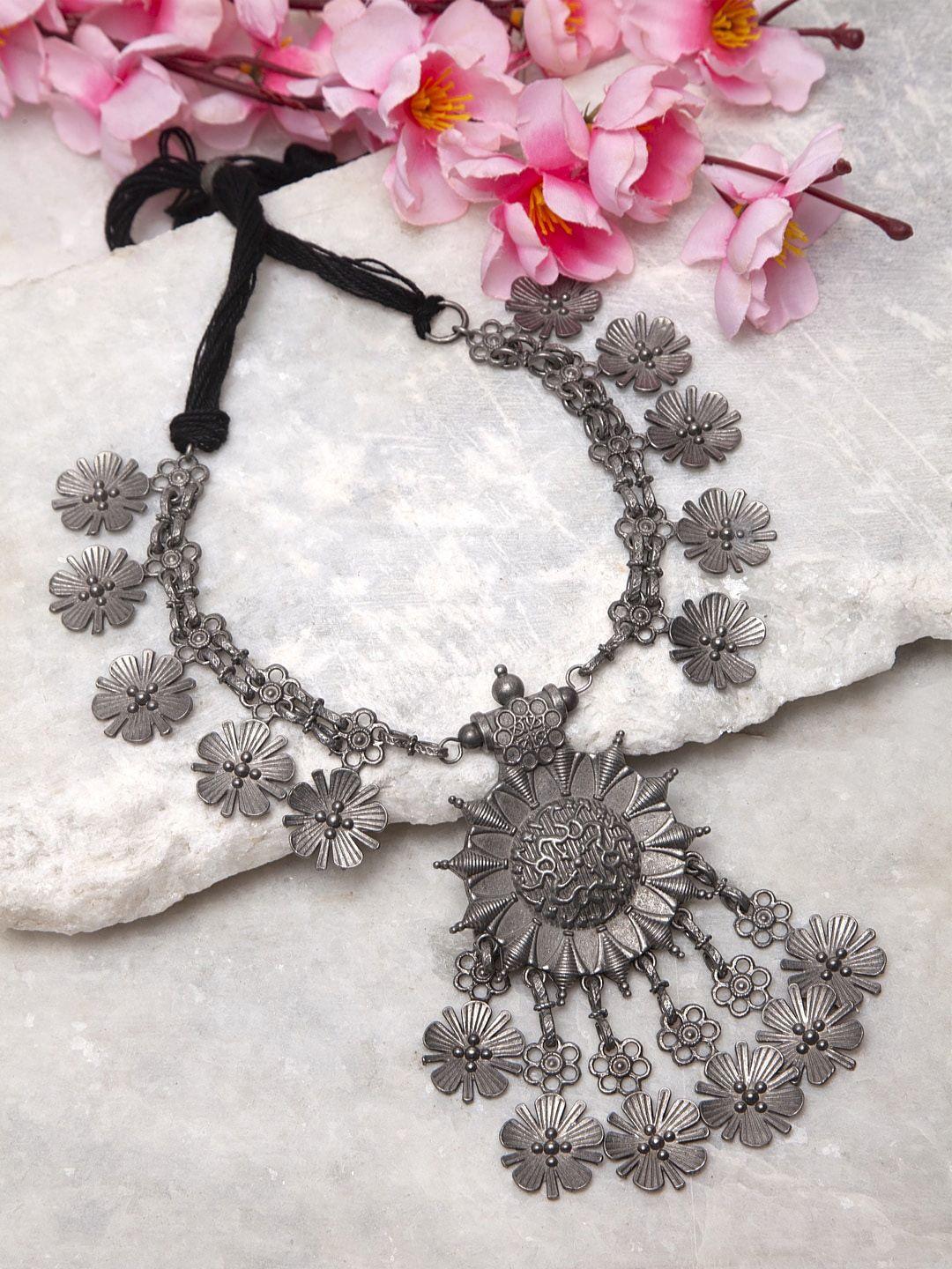 moedbuille women gunmetal-toned & german silver floral tasselled design oxidised necklace