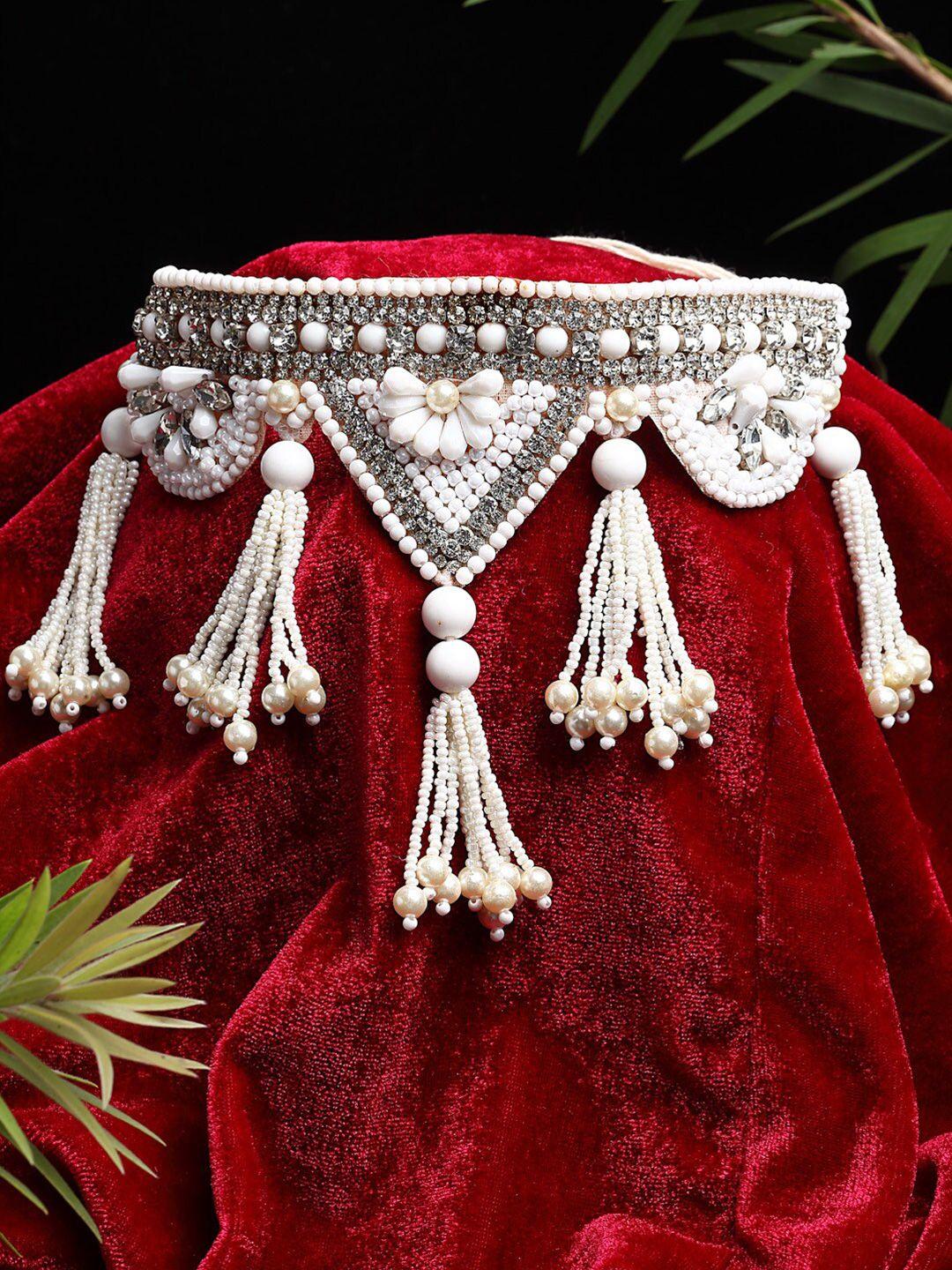 moedbuille women off white beads beaded tasselled choker necklace