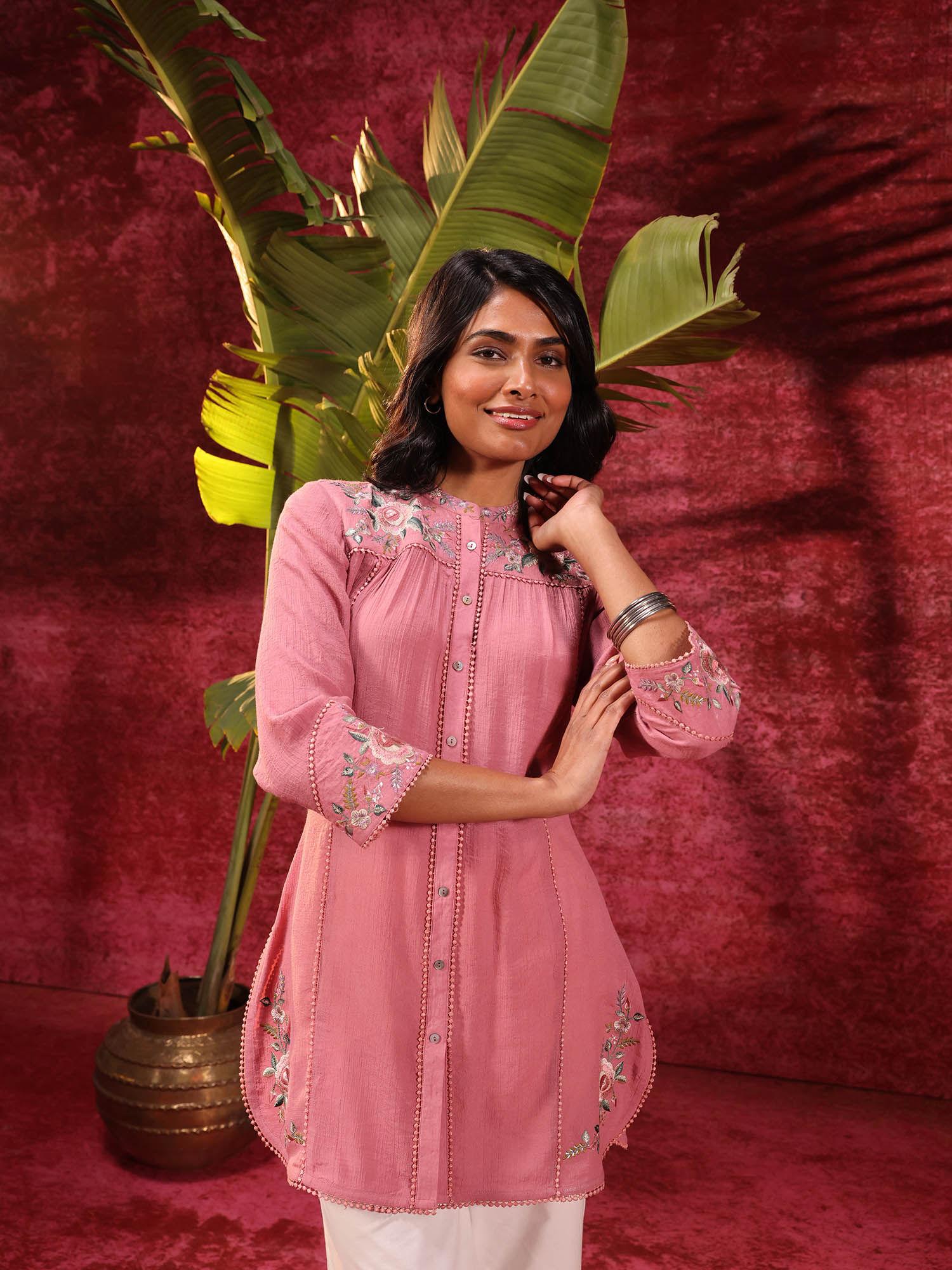 mogra turkish rose pink crinkled crepe embroidered tunic for women