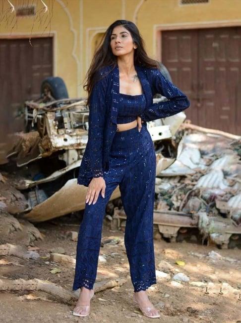 moh navy blue chikankari top with jacket and pants