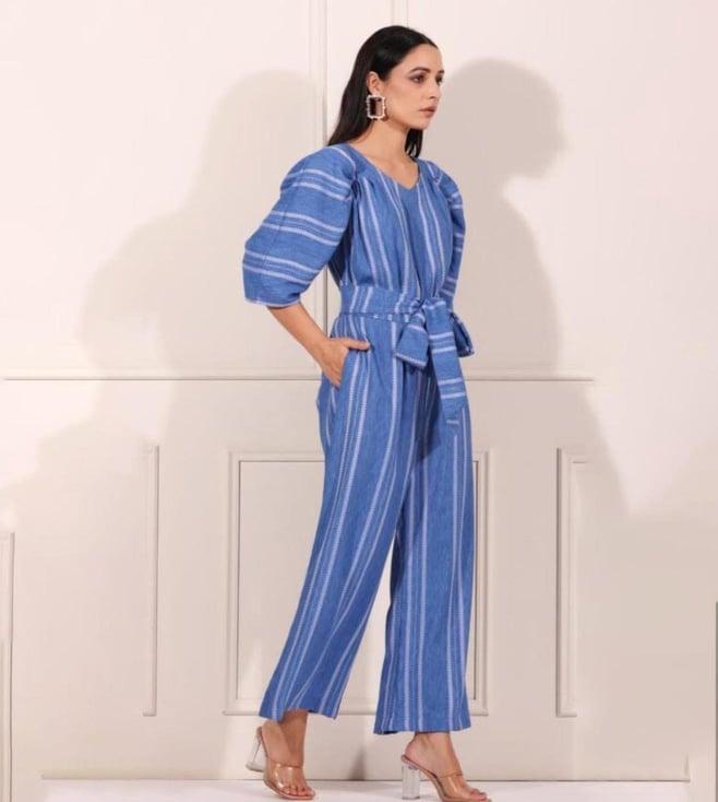 moh blue striped jump suit