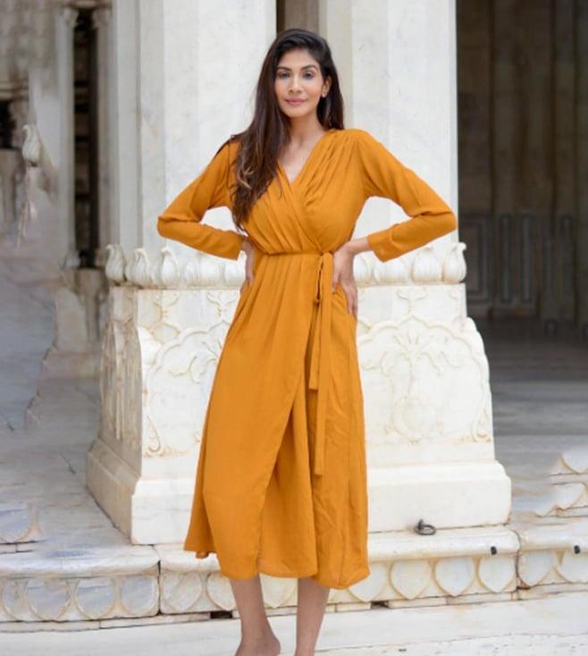 moh mustard wrap dress