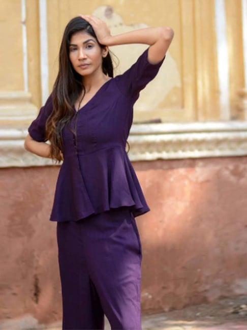 moh purple solid eggplant peplum top with pants